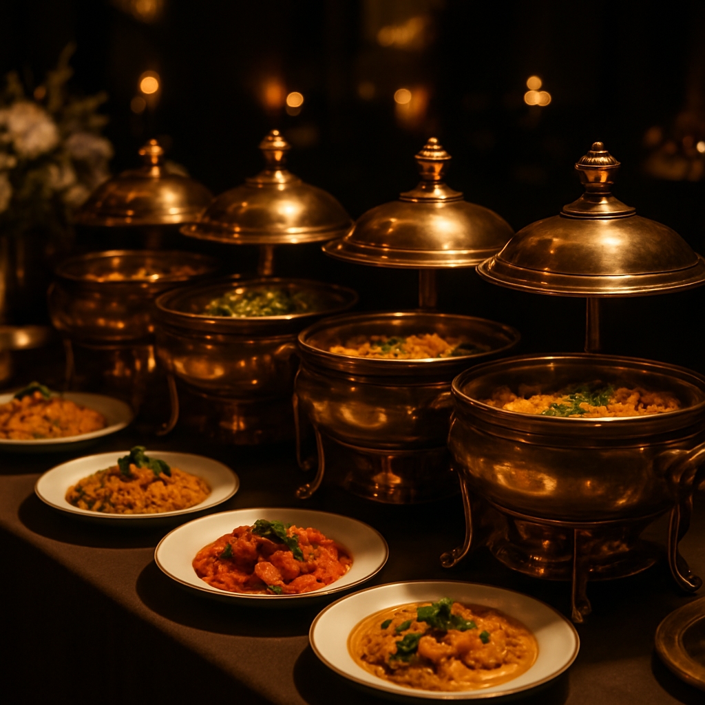 Luxury Indian wedding catering food station with gold accents