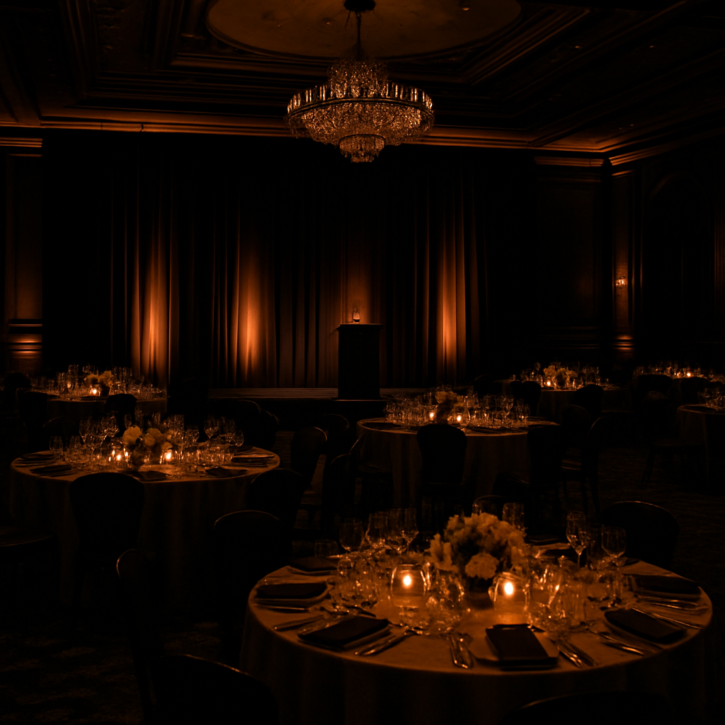 Premium corporate gala event setup with elegant banquet tables