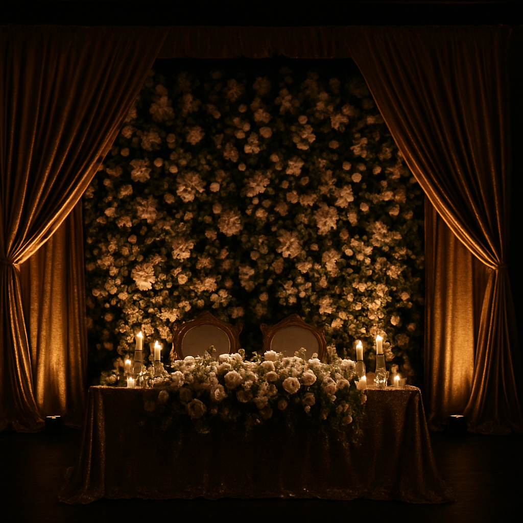 Luxury wedding reception stage with gold drapery