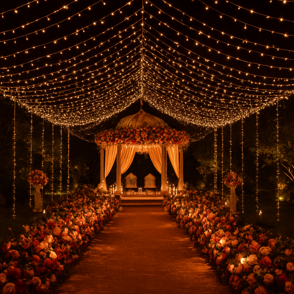 Outdoor wedding venue with fairy lights canopy