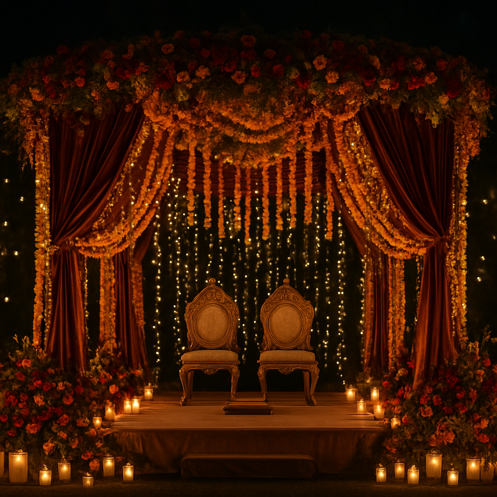 Luxury Indian wedding mandap decorated with marigold garlands and golden lights