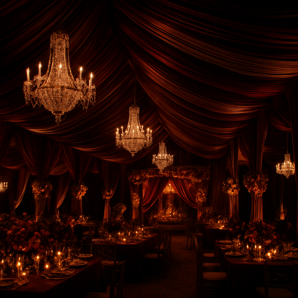 Luxurious Indian wedding tent decoration with chandeliers and drapery